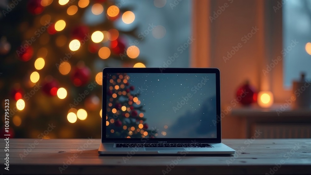 Winter background on laptop monitor screen, festive New Year background. Bokeh, Christmas tree, blurred background, Winter background on laptop monitor screen, festive New Year background. Bokeh, Christmas tree, blurred background,
