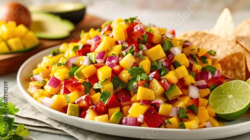 A refreshing plate of mango salsa with diced mangoes, red bell peppers