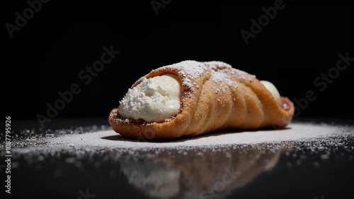 Divine cannoli topped with creamy filling and dusted with powdered sugar, showcasing culinary artistry against a dark backdrop at a gourmet bakery photo