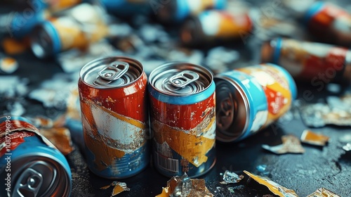 A creative setup of cans with their labels partially peeled off, showcasing their contents. photo