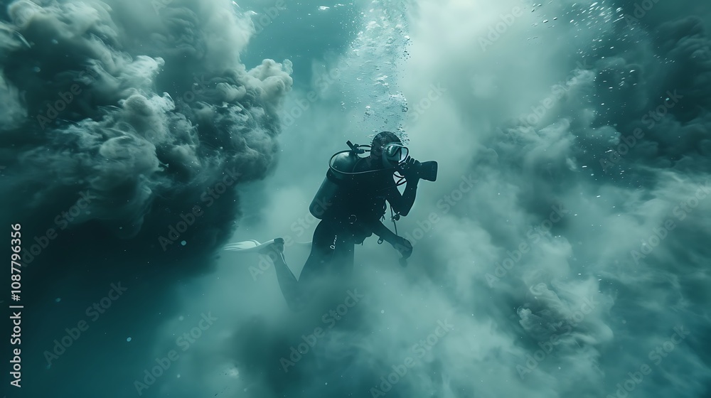 A diver captures underwater photography amidst swirling clouds of sediment. A diver captures underwater photography amidst swirling clouds of sediment.