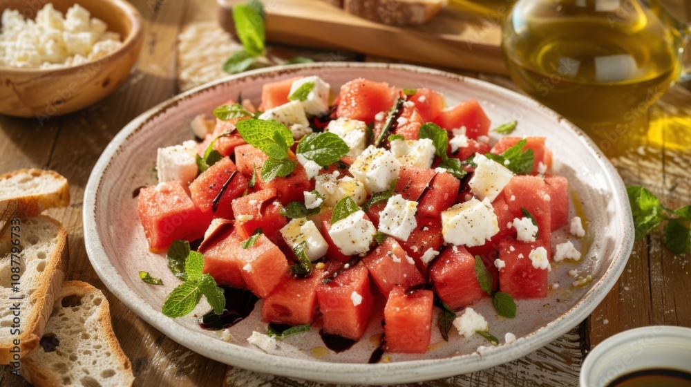 A refreshing plate of watermelon feta salad with cubed watermelon, crumbled feta cheese A refreshing plate of watermelon feta salad with cubed watermelon, crumbled feta cheese