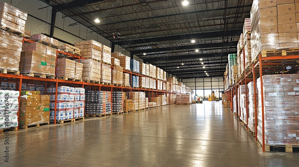 A spacious warehouse filled with stacked pallets and organized shelving for storage and distribution. A spacious warehouse filled with stacked pallets and organized shelving for storage and distribution.