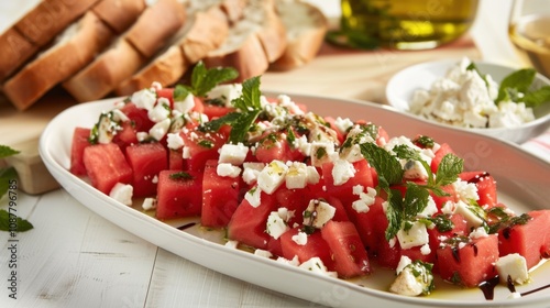 A refreshing plate of watermelon feta salad with cubed watermelon, crumbled feta cheese photo