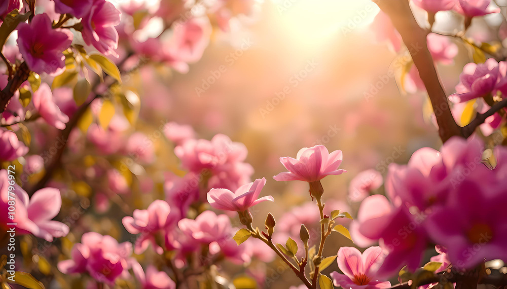 Pink flowers basking in warm, golden sunlight, creating a serene and dreamy atmosphere, with blurred foliage in the background enhancing the vibrant blooms Pink flowers basking in warm, golden sunlight, creating a serene and dreamy atmosphere, with blurred foliage in the background enhancing the vibrant blooms