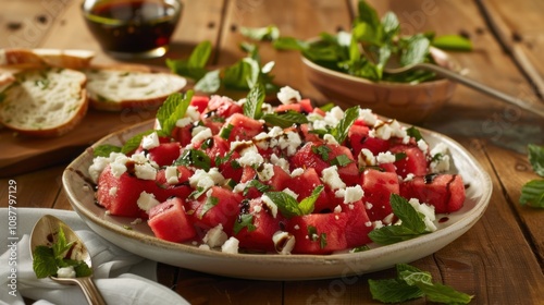 A refreshing plate of watermelon salad with cubed watermelon, feta cheese crumbles