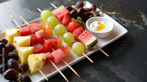 A refreshing platter of assorted fruit skewers featuring watermelon, pineapple photo