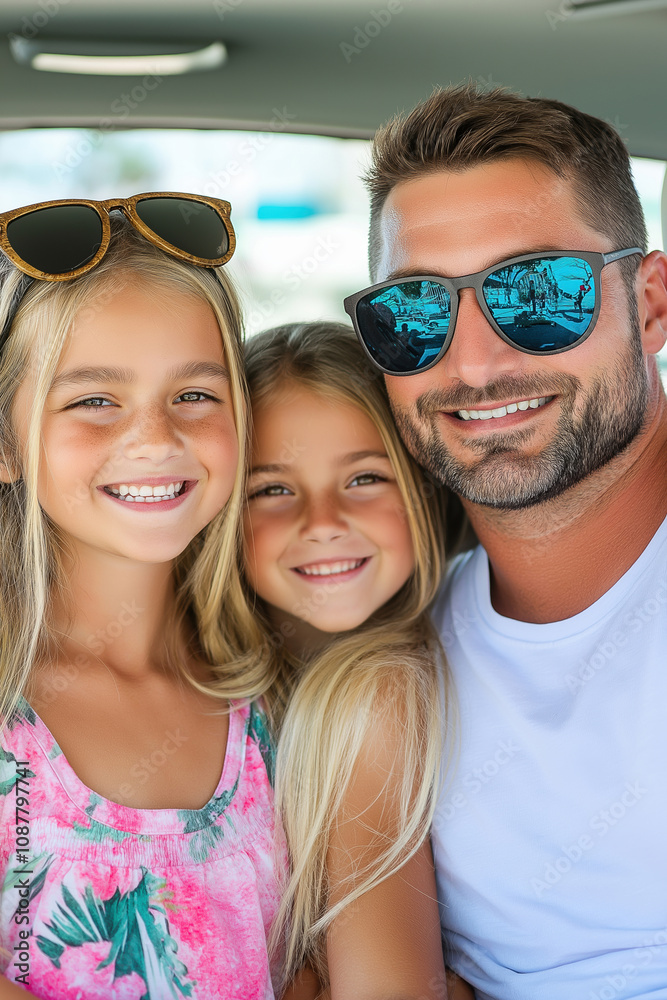 Happy family enjoying a sunny day in the car with smiles and sunglasses on Happy family enjoying a sunny day in the car with smiles and sunglasses on
