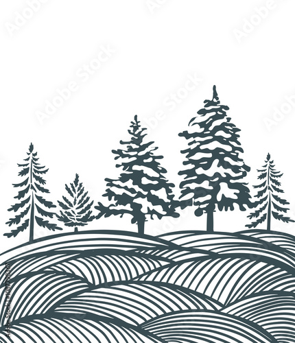 Graphic landscape of fir tree in field silhouette. Happy New Year . hand drawing. Not AI, Vector illustrations