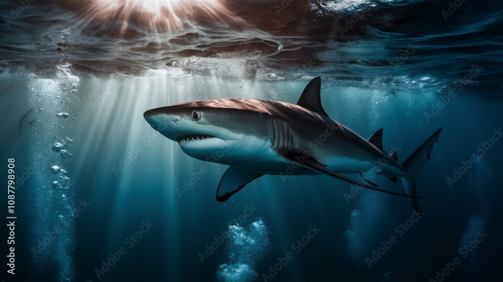 Fototapeta premium Shark in Sunbeams: A majestic shark, its sleek form illuminated by sunbeams piercing the blue depths, swims gracefully through the ocean.