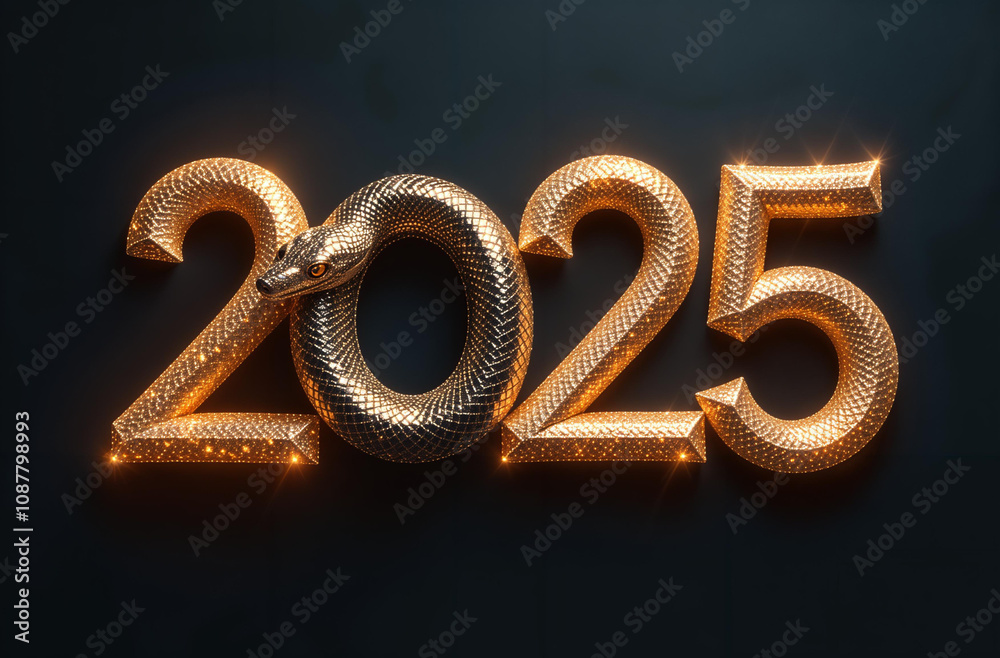The glowing numbers 2025 look like a snake on a dark background. Concept- Happy New Year The glowing numbers 2025 look like a snake on a dark background. Concept- Happy New Year