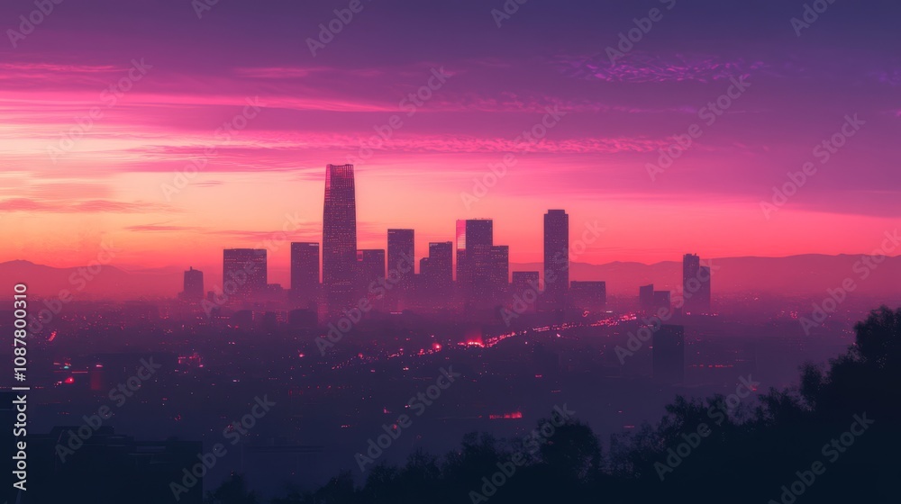 Fototapeta premium Pink sunset over hazy city skyline.