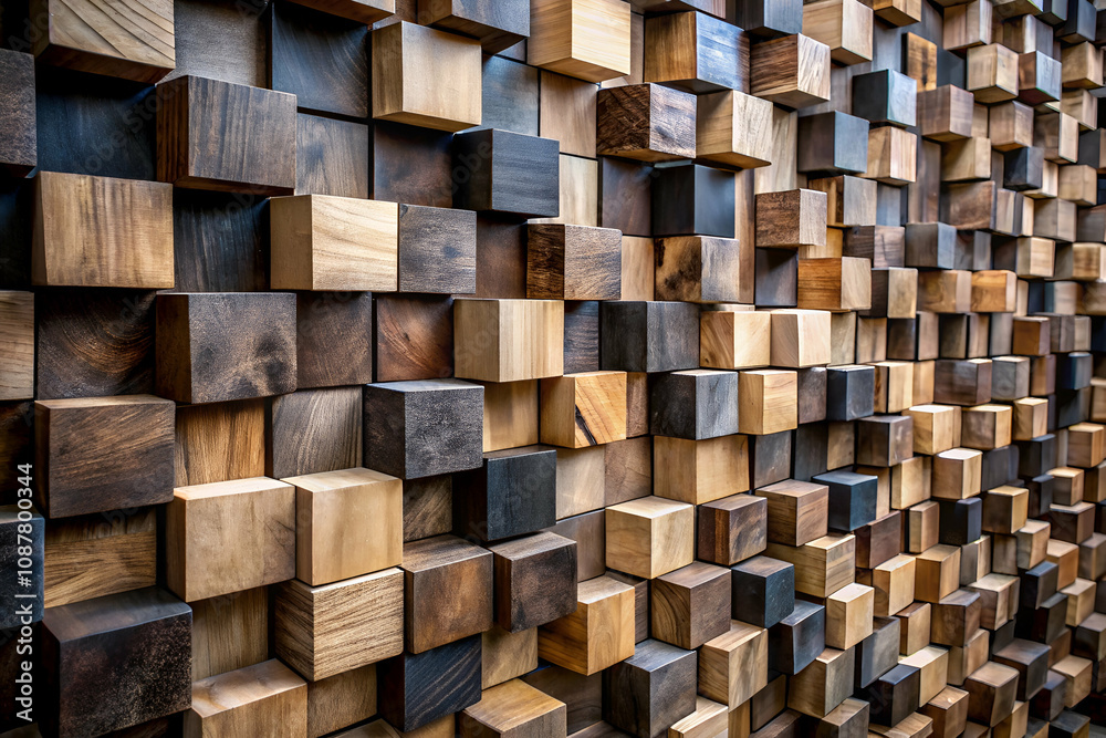 A textured wall made of various wooden cubes in different shades, creating a visually appealing geometric pattern. A textured wall made of various wooden cubes in different shades, creating a visually appealing geometric pattern.