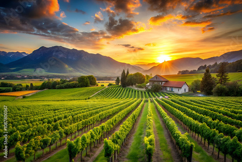 Wallpaper Mural A scenic vineyard landscape at sunset, featuring lush green rows of grapevines, a charming farmhouse, and majestic mountains in the background. Torontodigital.ca