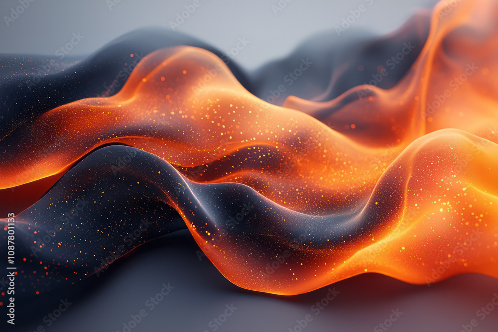 Obraz premium A surreal interplay of flowing black and orange ribbons with subtle glowing textures, creating a fluid motion effect,