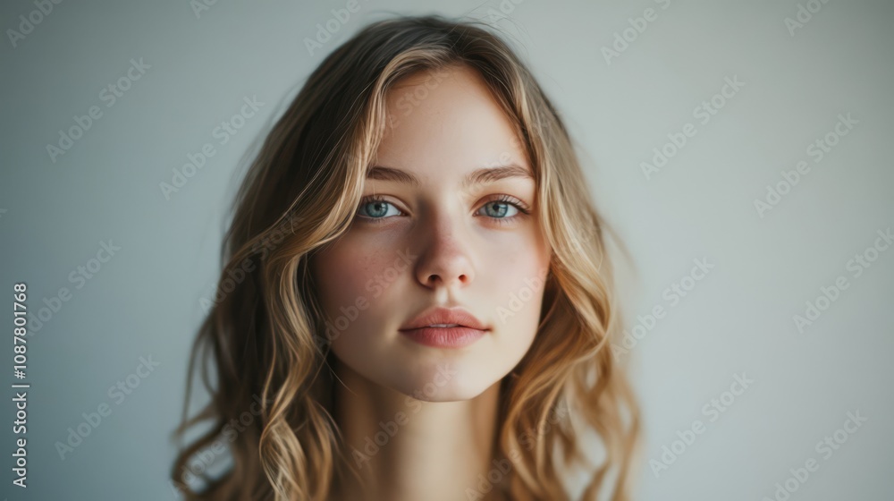 Portrait of a young woman with long blonde hair and blue eyes looking at the camera.