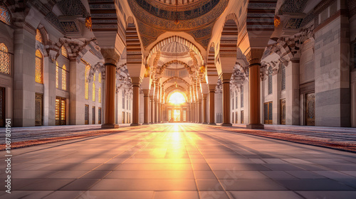 Golden light shines through the arches of a stunning mosque at sunset time. Generative AI