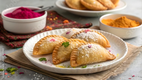 Sweet gujiya dumplings served on plate for Holi and Diwali, festive Indian sweets  

