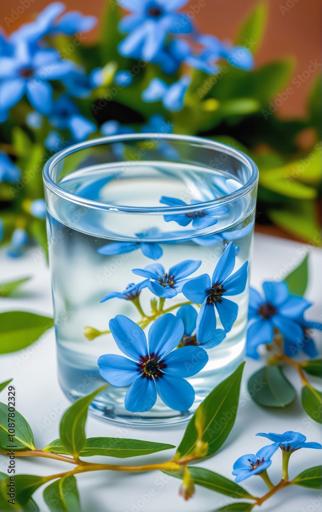 Glass of clean Water with Floating Blue Flowers on White Surface with Green Leaves, Surrounded by More Blue Flowers in Background Glass of clean Water with Floating Blue Flowers on White Surface with Green Leaves, Surrounded by More Blue Flowers in Background