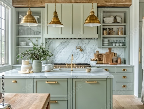Elegant Green Kitchen With Marble Countertops And Gold Accents