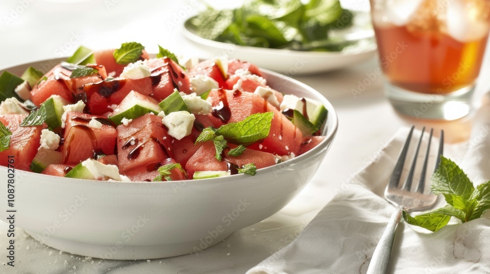 A refreshing watermelon feta salad with mint and a drizzle of balsamic glaze, served in a white bowl A refreshing watermelon feta salad with mint and a drizzle of balsamic glaze, served in a white bowl