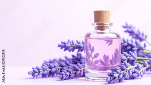 Lavender oil on a light purple background among lavender flowers. Can be used as an advertisement for a spa salon or a natural cosmetics store.