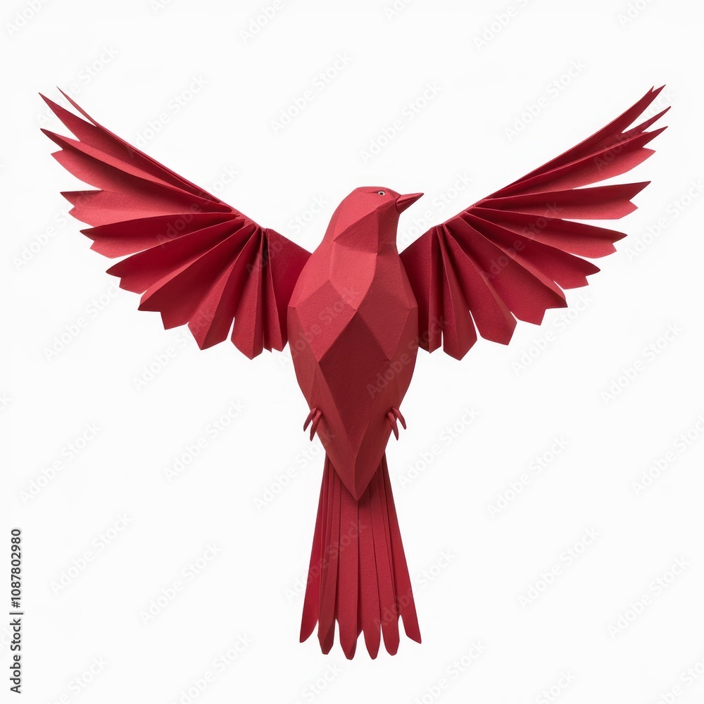 Obraz premium Crimson Wings: A captivating origami bird in a vibrant shade of crimson, its wings outstretched in graceful flight. It captures the spirit of freedom and artistic craftsmanship.