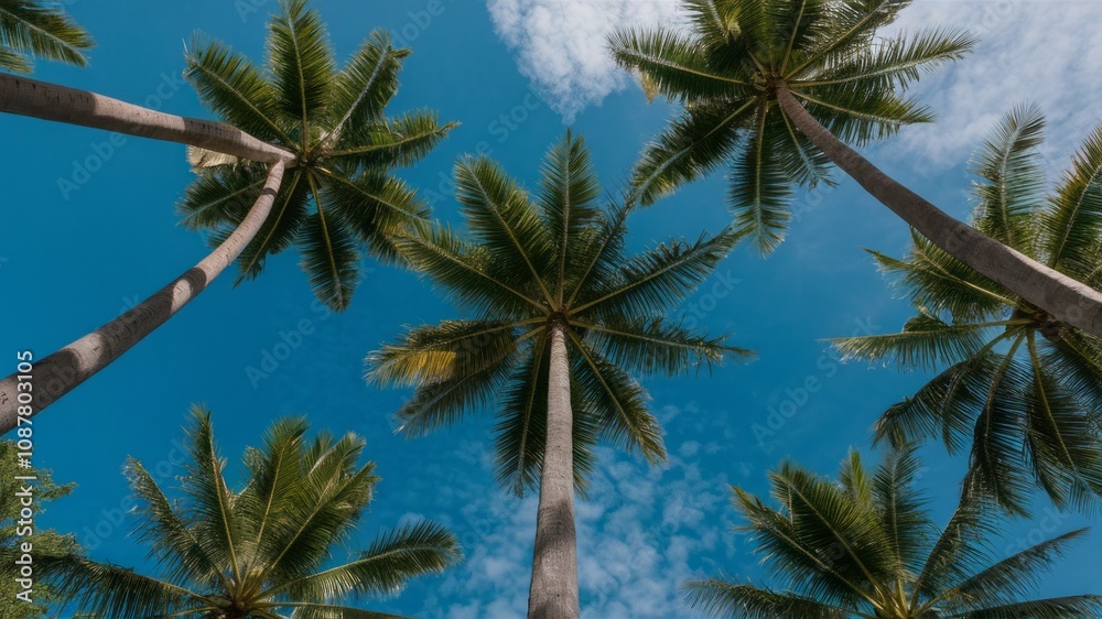 Tropical Canopy: A unique perspective gazing upwards through the vibrant green fronds of tall palm trees, set against a backdrop of a clear blue sky. Tropical Canopy: A unique perspective gazing upwards through the vibrant green fronds of tall palm trees, set against a backdrop of a clear blue sky.