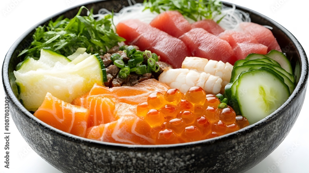 Food, Japanese Dish Donburi, on White Background, Photo Realistic, Wallpaper, Cover and Screen for Smartphone, PC, Laptop, 9:16 and 16:9 Format Food, Japanese Dish Donburi, on White Background, Photo Realistic, Wallpaper, Cover and Screen for Smartphone, PC, Laptop, 9:16 and 16:9 Format