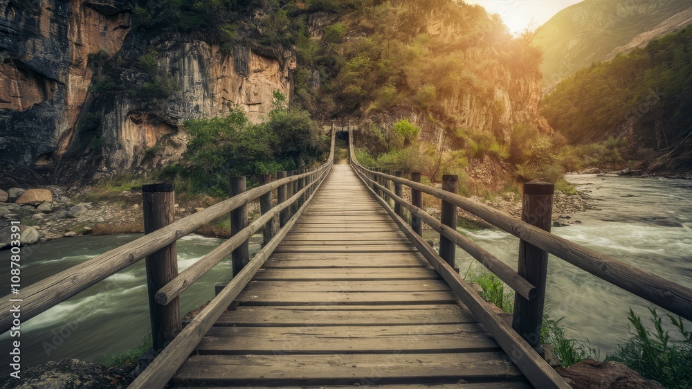 Journey's Bridge: A wooden bridge spans a vibrant river, offering a pathway to breathtaking views of the surrounding landscapes. The golden sun shines through the gap and invites wanderlust. Journey's Bridge: A wooden bridge spans a vibrant river, offering a pathway to breathtaking views of the surrounding landscapes. The golden sun shines through the gap and invites wanderlust.
