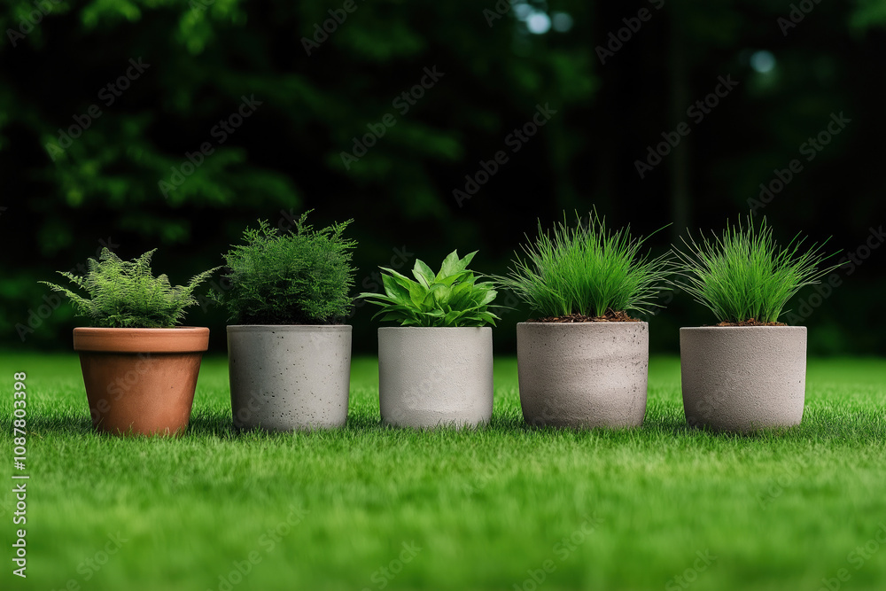 Fototapeta premium Various potted plants arranged on lush green grass in a tranquil garden setting