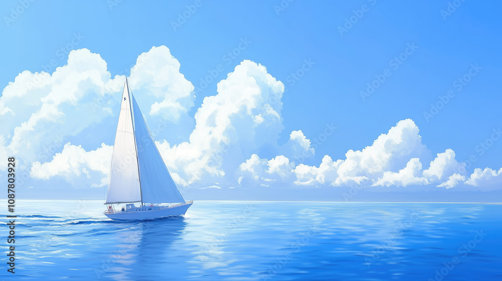 Naklejka premium A sailboat glides over a calm blue ocean under a clear sky, leaving a gentle wake trailing behind.