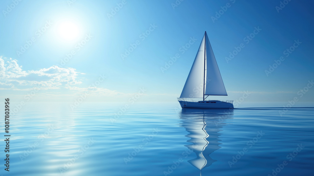 Obraz premium A sailboat glides over a calm blue ocean under a clear sky, leaving a gentle wake trailing behind.