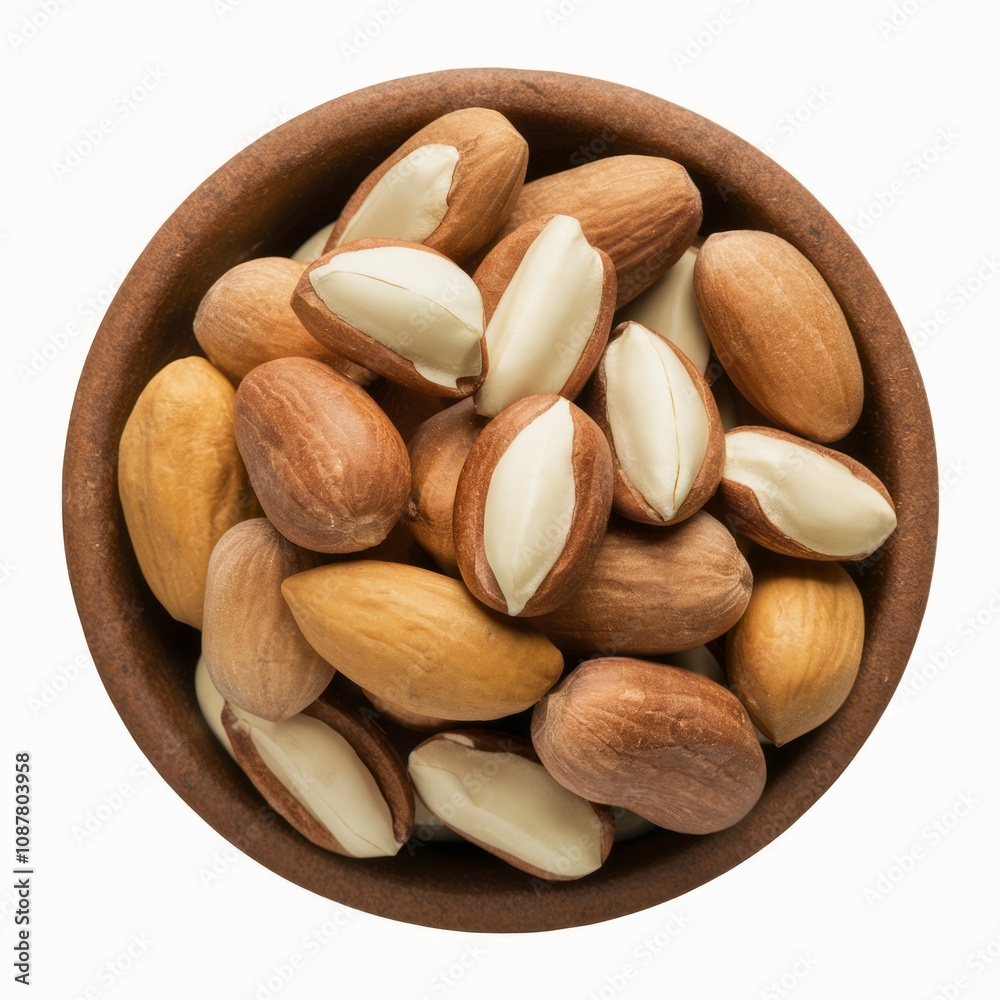 Obraz premium Bowl of Raw Nuts: An overhead shot captures a rustic wooden bowl overflowing with nutritious raw nuts, showcasing their natural textures and enticing colors. 