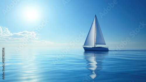 A sailboat glides over a calm blue ocean under a clear sky, leaving a gentle wake trailing behind.