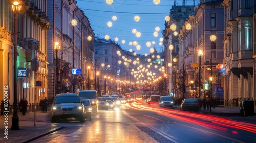 As evening descends, a lively city street is illuminated by decorative lights with cars creating streaks of motion along the road. Generative AI