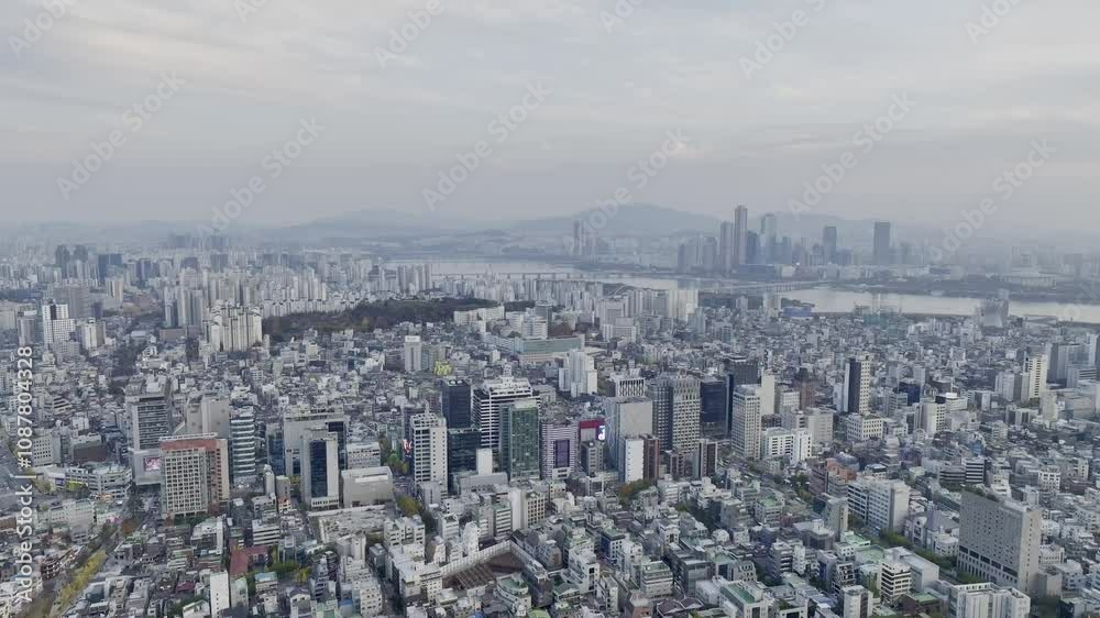 Drone View of Seoul city in South Korea, Hongik University Station, Autumn Drone View of Seoul city in South Korea, Hongik University Station, Autumn