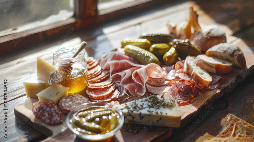 A rustic charcuterie board piled high with cured meats, artisan cheeses A rustic charcuterie board piled high with cured meats, artisan cheeses