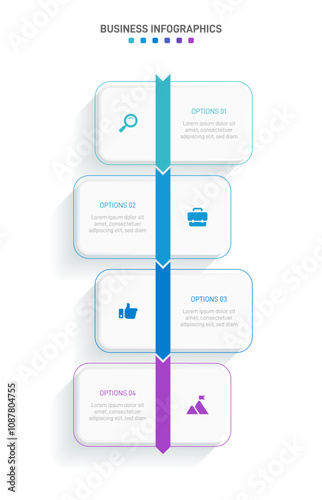 Vertical progress bar featuring 4 arrow-shaped elements, symbolizing the four stages of business strategy and progression. Clean timeline infographic design template. Vector for mobile presentation.