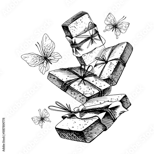 Handmade soap in craft paper, tied with a rope with butterflies . Graphic illustration line art hand drawn in black and white colors monochrome. Arrangement, composition, sublimation