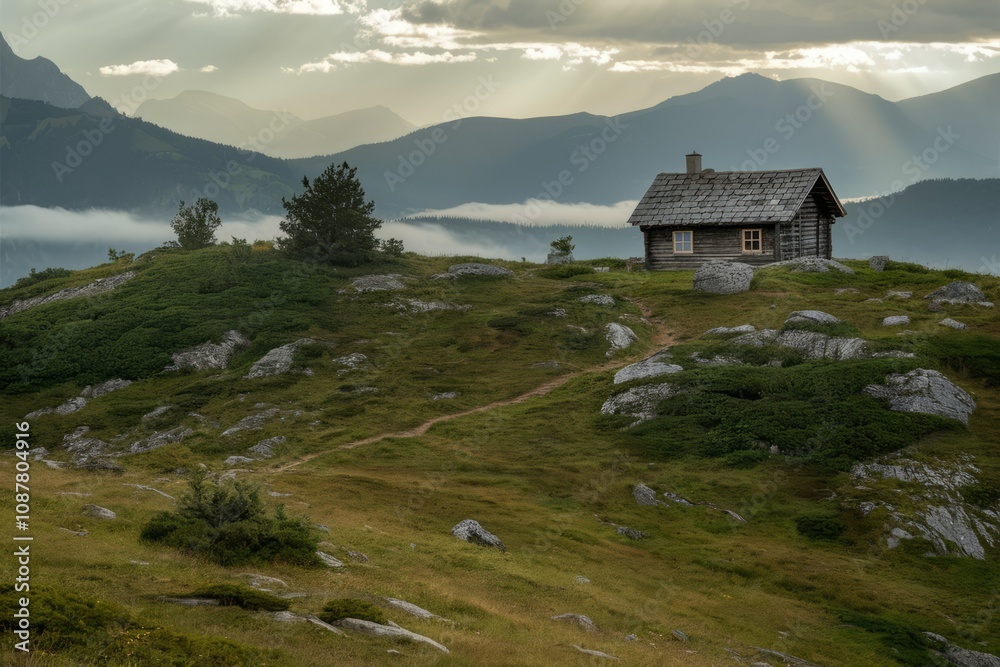 Solitude Among the Peaks: A small wooden cabin nestles atop a verdant hill, embraced by rolling mountains under a dramatic, cloud-filled sky where rays of sunshine break through, casting a warm light. Solitude Among the Peaks: A small wooden cabin nestles atop a verdant hill, embraced by rolling mountains under a dramatic, cloud-filled sky where rays of sunshine break through, casting a warm light.