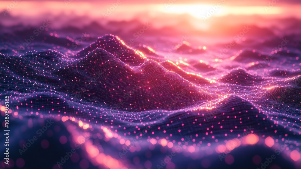 Abstract digital landscape with glowing particles. Abstract digital landscape with glowing particles.