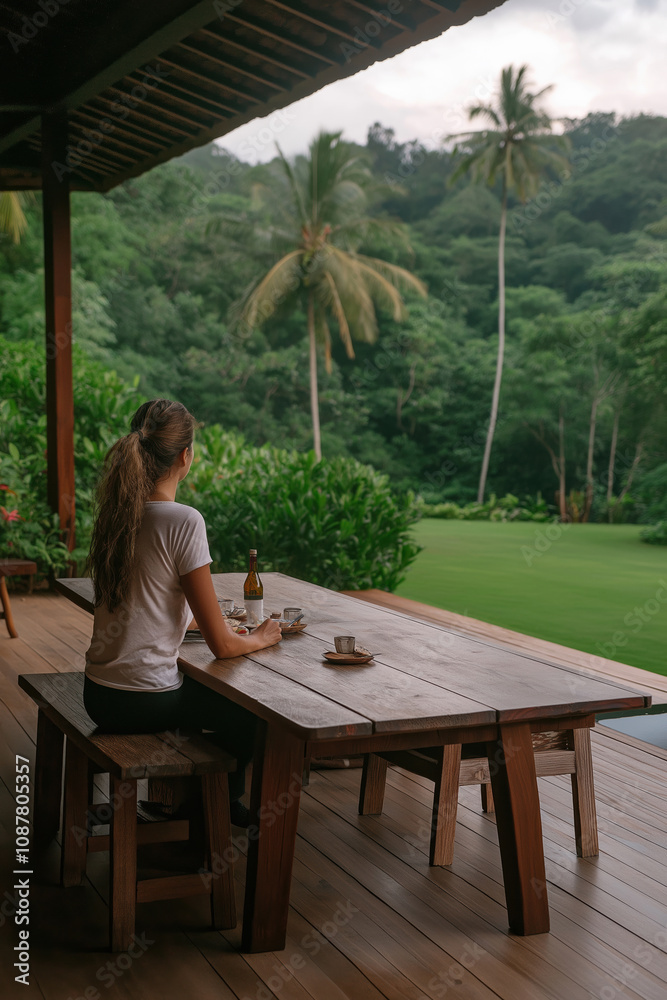 Fototapeta premium Relaxing at a wooden table in a tropical garden during a peaceful afternoon