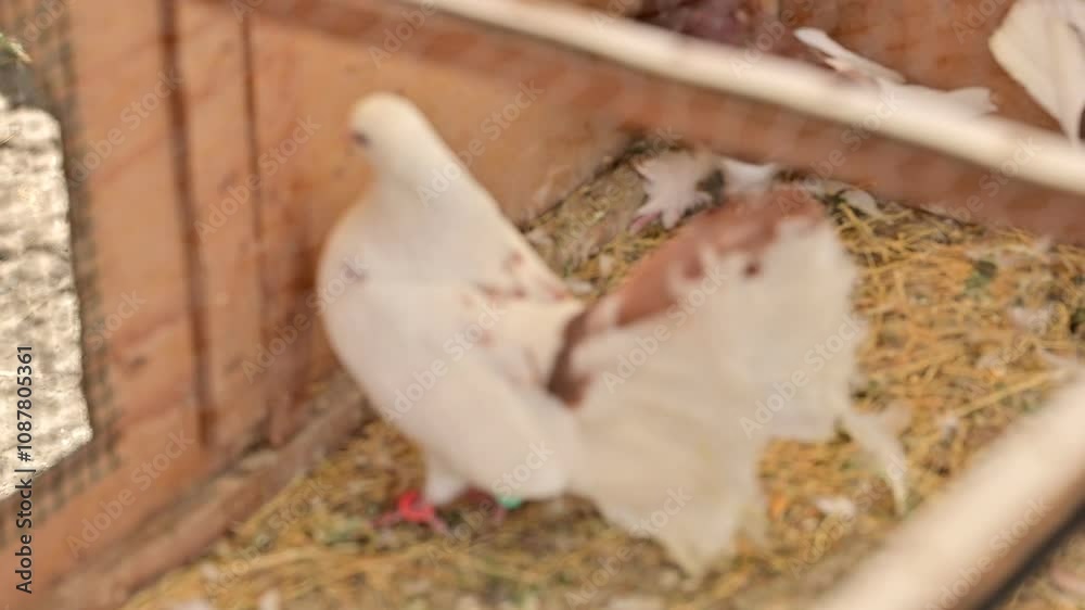 Group of Pigeons in Straw-Filled Coop. A group of white and light-colored doves perched on straw inside a wooden coop, showcasing calm and peaceful avian behavior.
Group of Pigeons in Straw-Filled Coop. A group of white and light-colored doves perched on straw inside a wooden coop, showcasing calm and peaceful avian behavior.