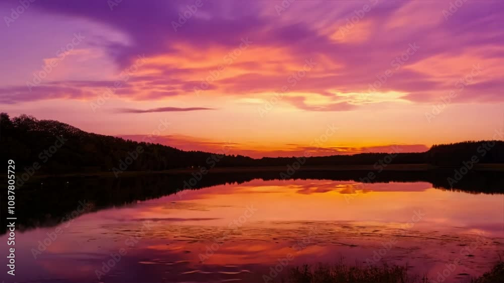 Serene Sunset Reflection: A tranquil scene of a still lake reflecting a breathtaking sunset, painted in hues of purple, orange, and pink. Serene Sunset Reflection: A tranquil scene of a still lake reflecting a breathtaking sunset, painted in hues of purple, orange, and pink.
