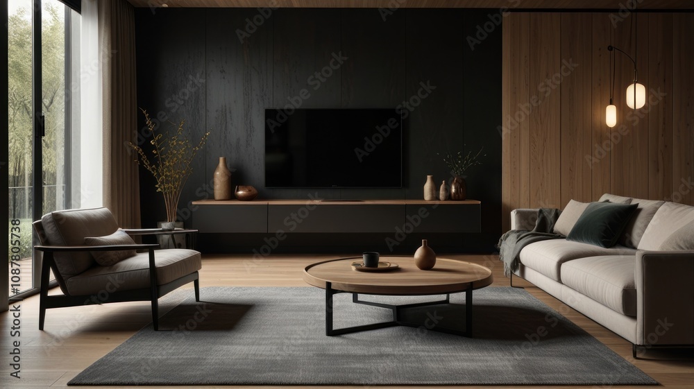 Modern living room interior with dark walls, wooden accents, beige sofa, armchair, and round coffee table. Modern living room interior with dark walls, wooden accents, beige sofa, armchair, and round coffee table.