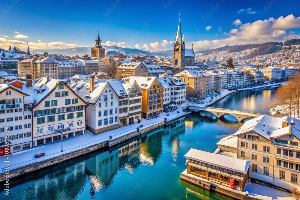 Obraz premium Winter Wonderland in Zurich: A Serene Cityscape with Snow-Covered Rooftops and Scenic River Views, Capturing the Essence of a Magical Swiss Winter Scene