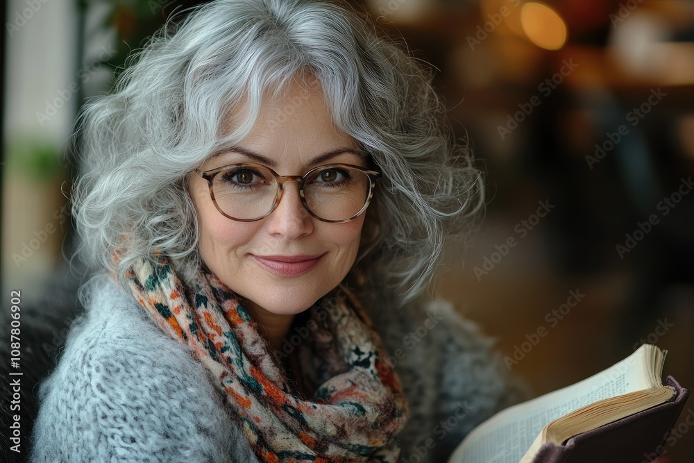 Smiling senior woman reading a book in a cafe Smiling senior woman reading a book in a cafe