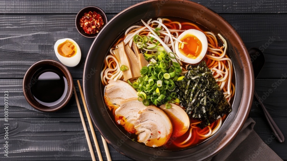 A savory bowl of Japanese ramen with sliced pork, soft-boiled egg A savory bowl of Japanese ramen with sliced pork, soft-boiled egg