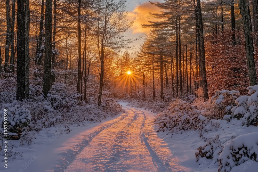 Snowy road winding through winter forest at sunset Snowy road winding through winter forest at sunset